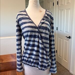 Easel Navy and Gray Striped V-Neck Long Sleeve Top